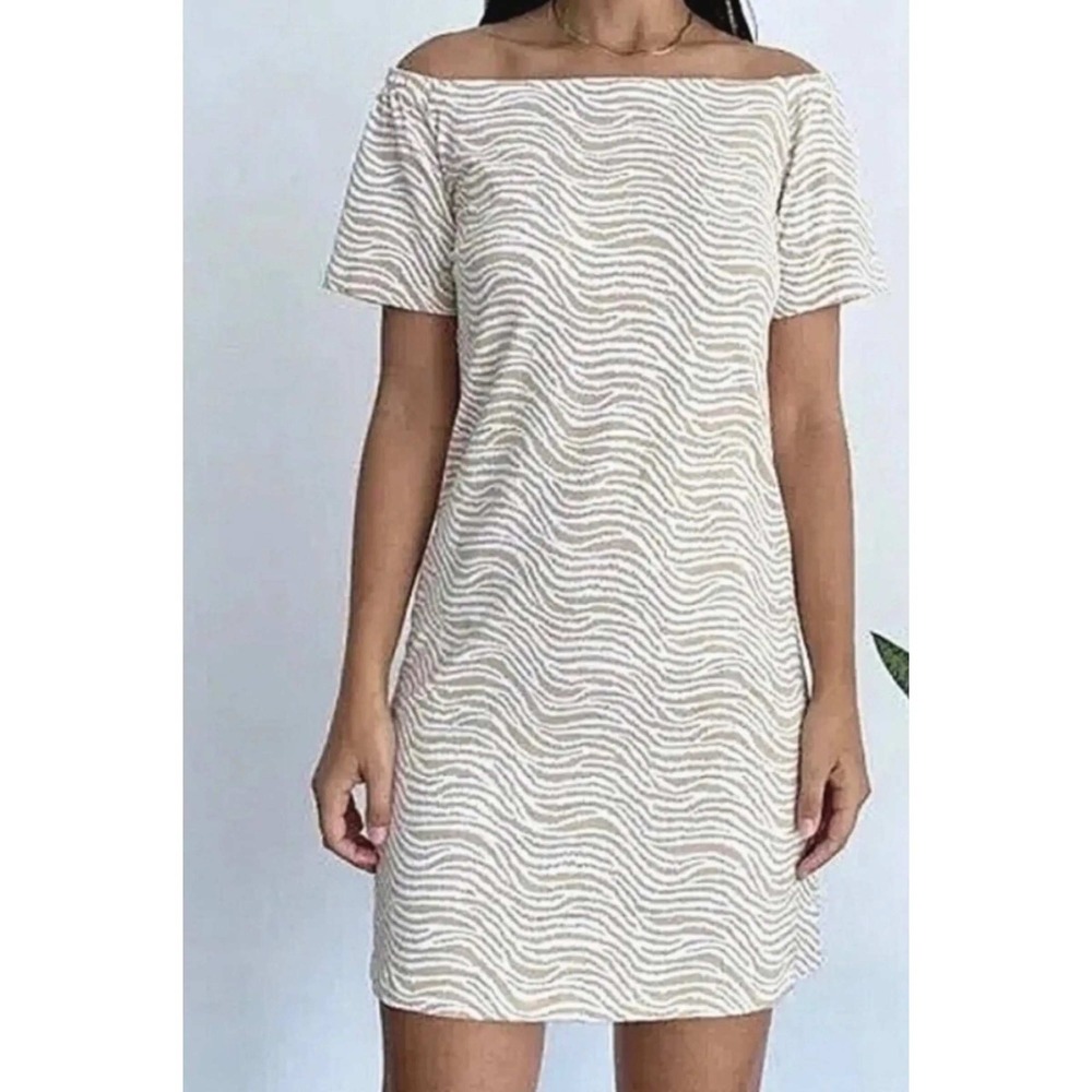 J.McLaughlin Shift Dress M Catalina Cloth Tan White Zebra Print Off Shoulder